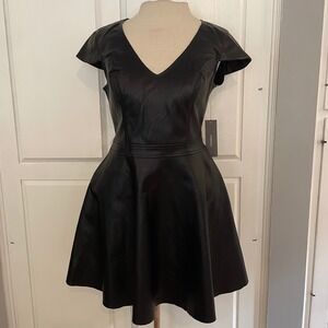 Lulus Black Faux Leather Cap Sleeve V Neck Fit Flare Dress Women's Size Small